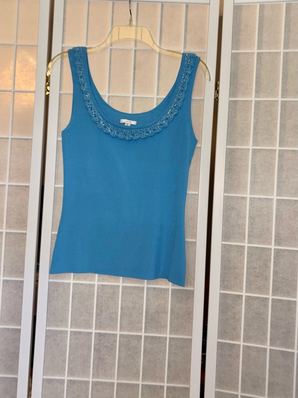 Cache Blue Ribbed Scoop Tank with Crochet Trim